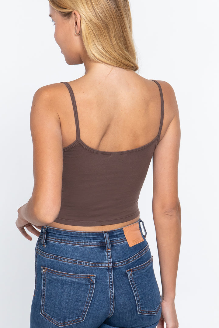 Round Neck with Removable Bra Cup Cotton Spandex Bra Top Wood Brown