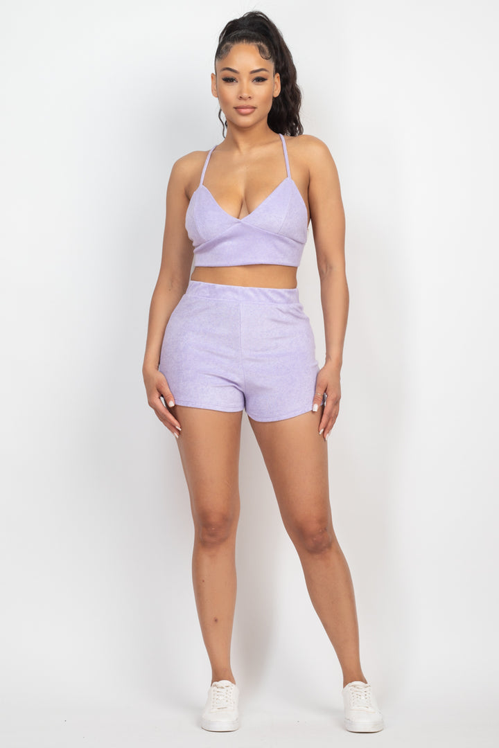 Terry Towel Bralette Top & Mini Shorts Set in Lavender