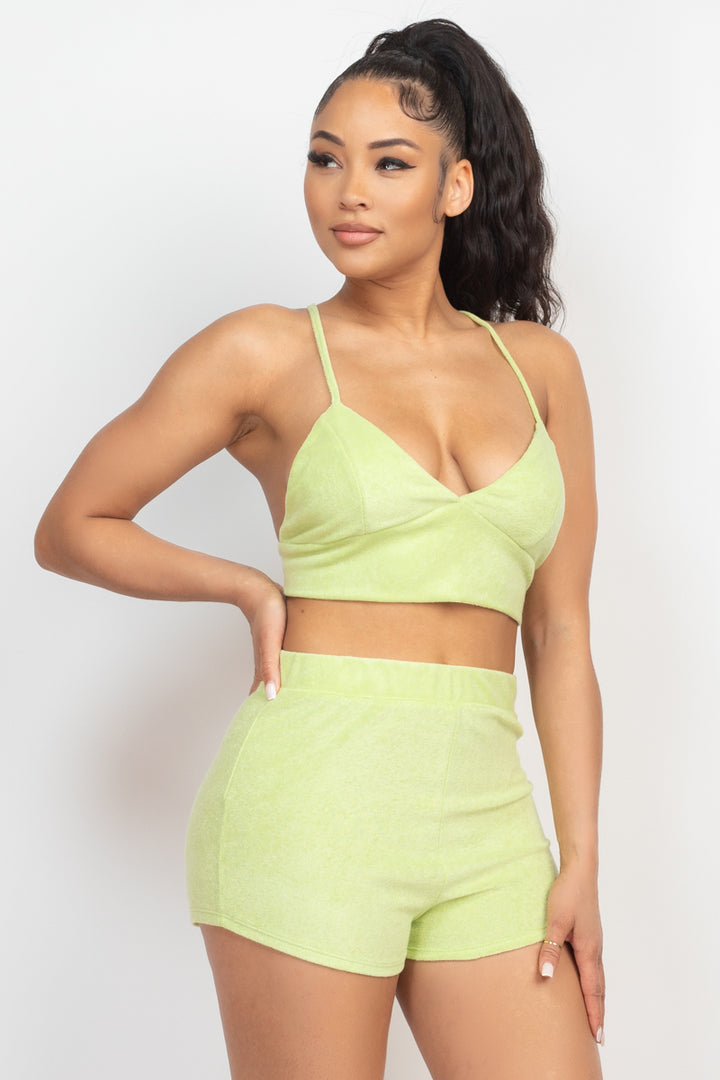 Terry Towel Bralette Top & Mini Shorts Set in Lime