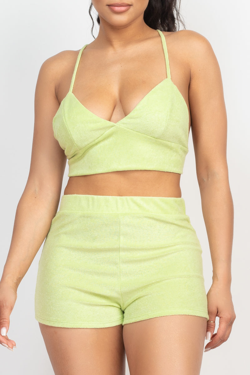 Terry Towel Bralette Top & Mini Shorts Set in Lime