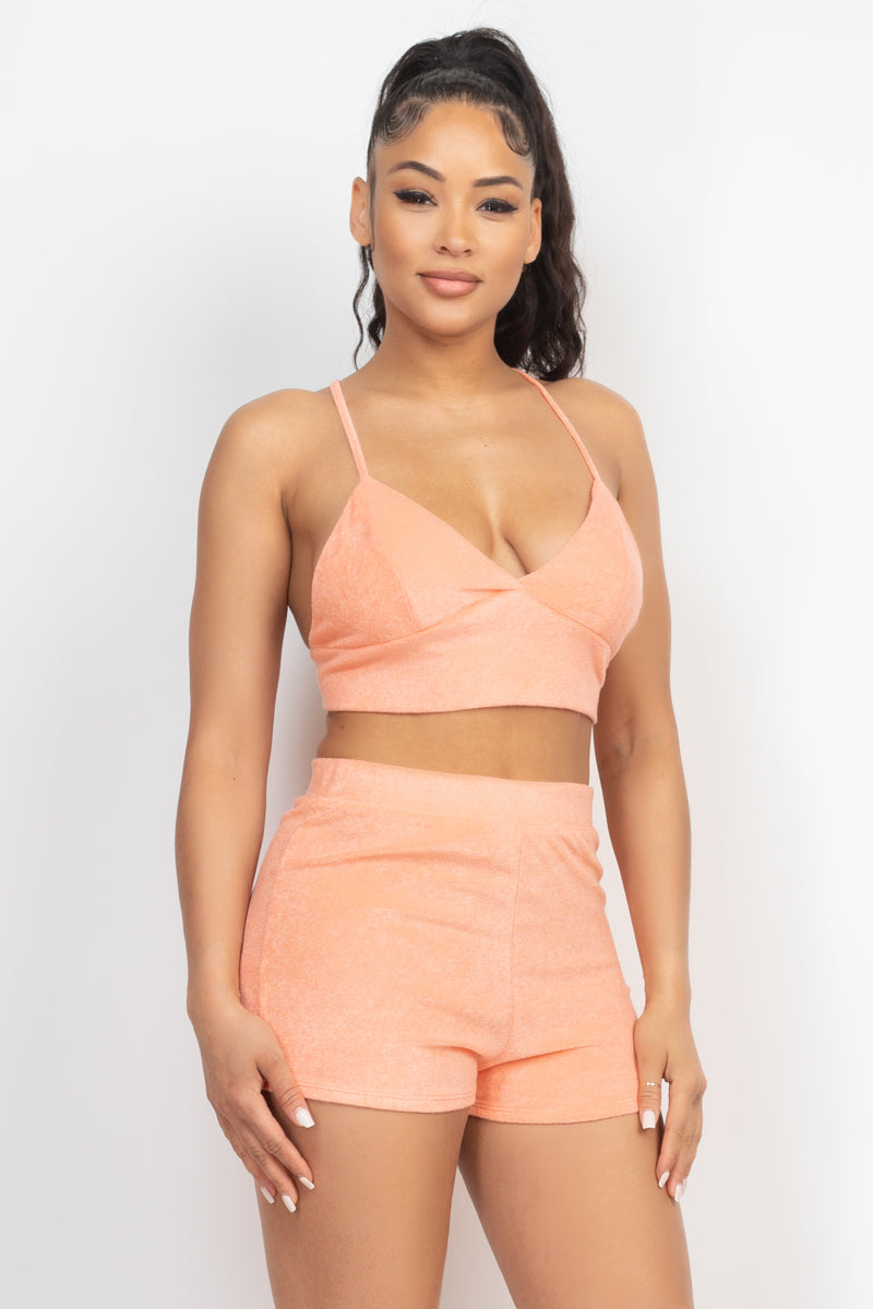 Terry Towel Bralette Top & Mini Shorts Set in Orange