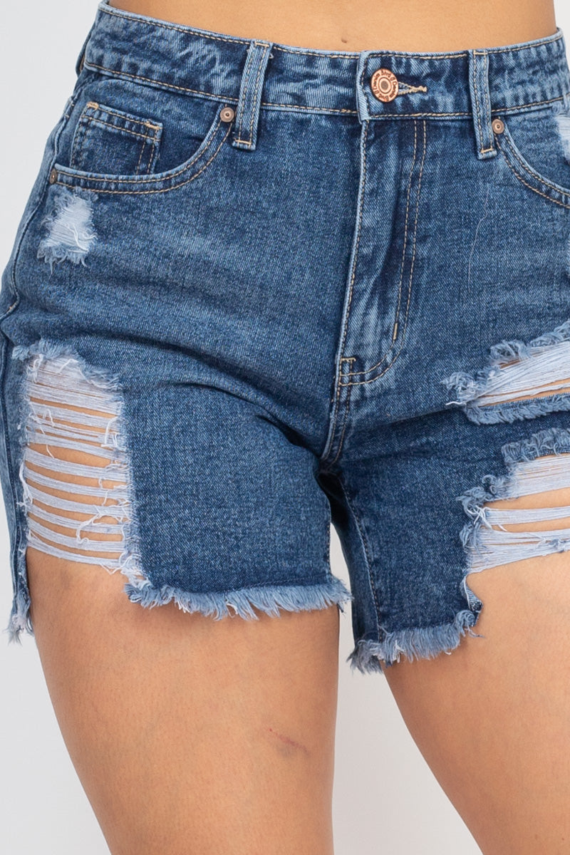 Ripped Five-pocket Mini Denim Shorts in Medium Denim