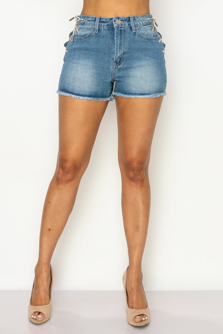 Side Lace-up Detailed Denim Shorts in Medium Denim