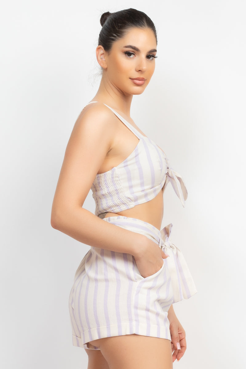Tie-front Striped Crop Top & Belted Shorts Set in White/Lavender