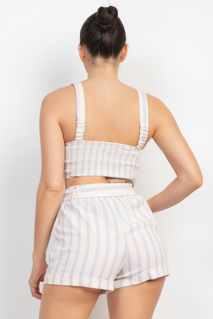 Tie-front Striped Crop Top & Belted Shorts Set in White/Lavender