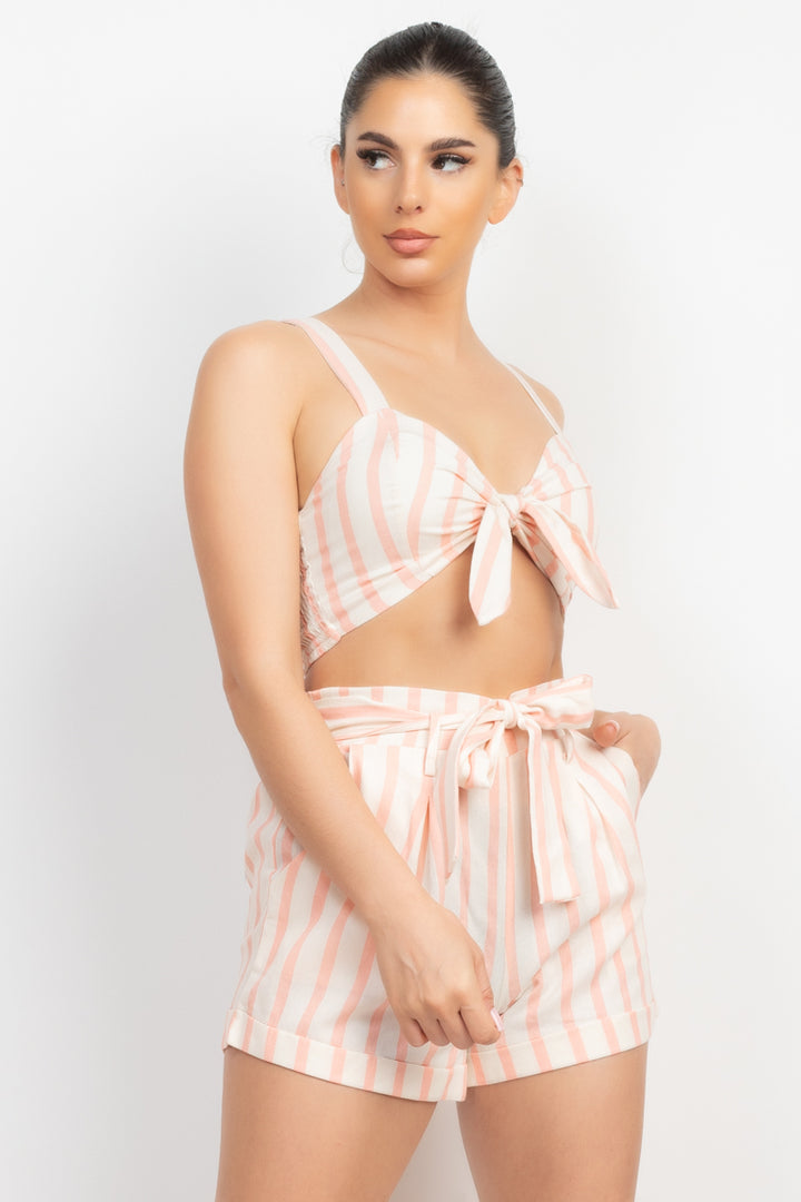 Tie-front Striped Crop Top & Belted Shorts Set in White/Light Coral