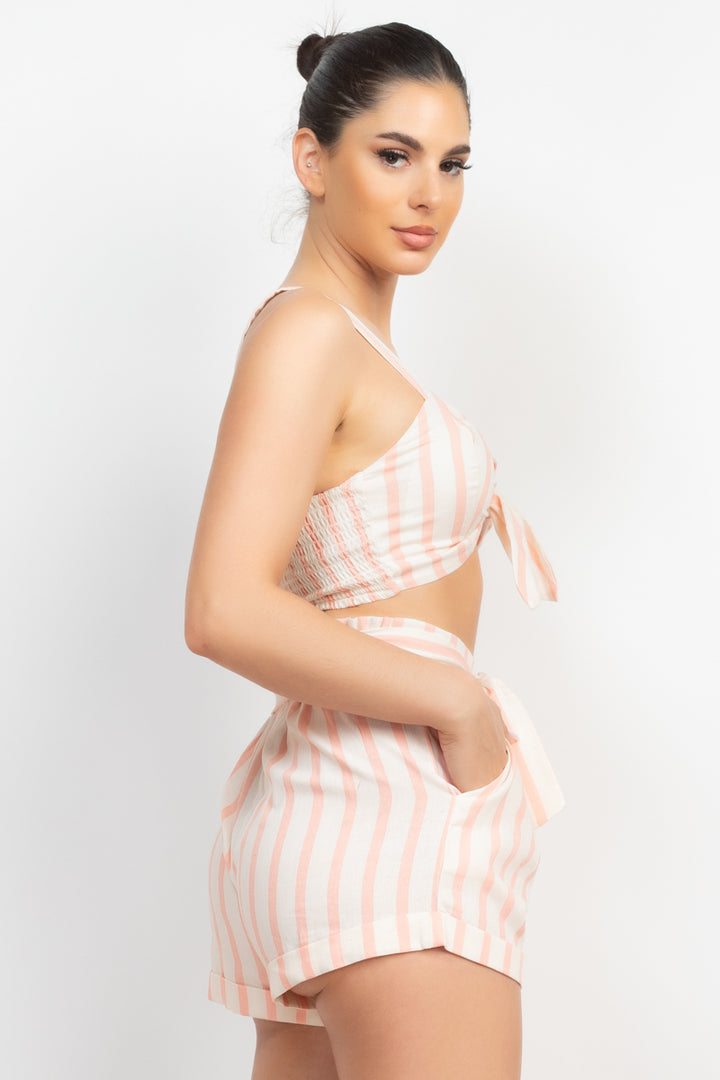 Tie-front Striped Crop Top & Belted Shorts Set in White/Light Coral