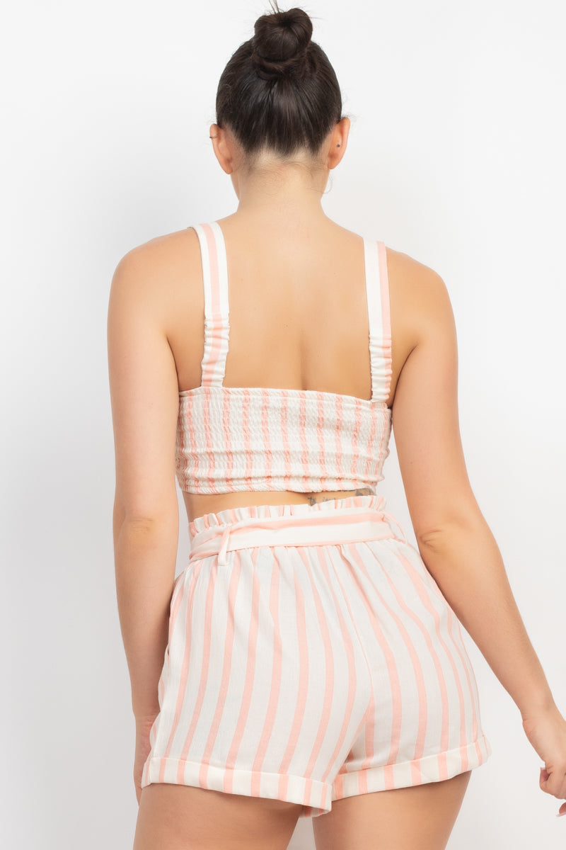 Tie-front Striped Crop Top & Belted Shorts Set in White/Light Coral