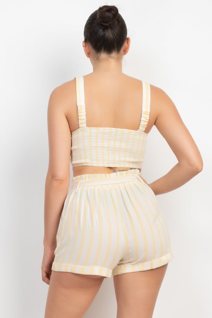 Tie-front Striped Crop Top & Belted Shorts Set in White/Baby Yellow