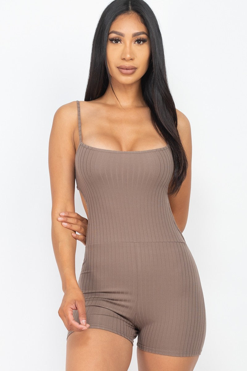 Ribbed Sleeveless Back Cutout Bodycon Active Romper in Taupe