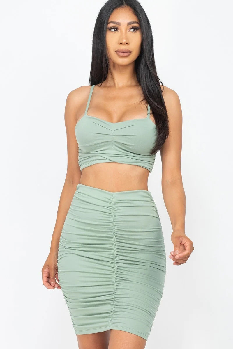 Ruched Crop Top And Skirt Sets in Green Bay