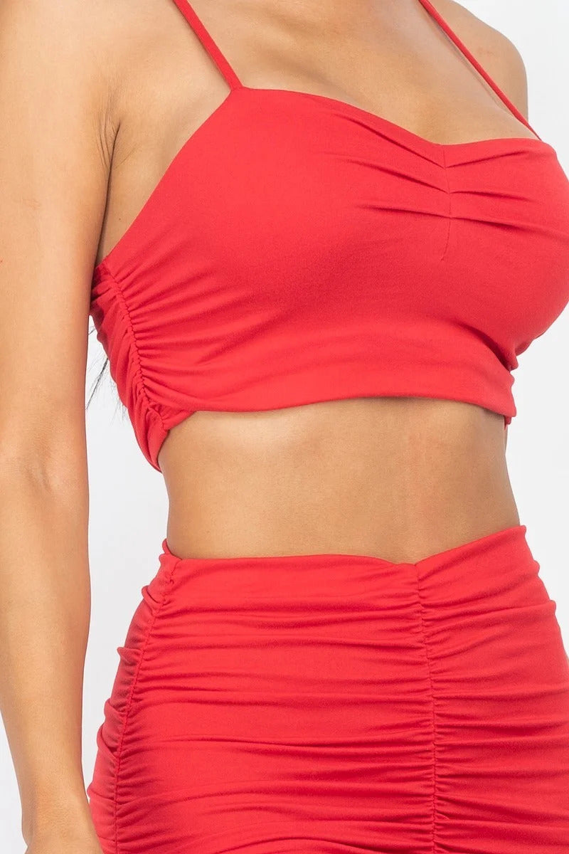 Ruched Crop Top And Skirt Sets in Fiery Red