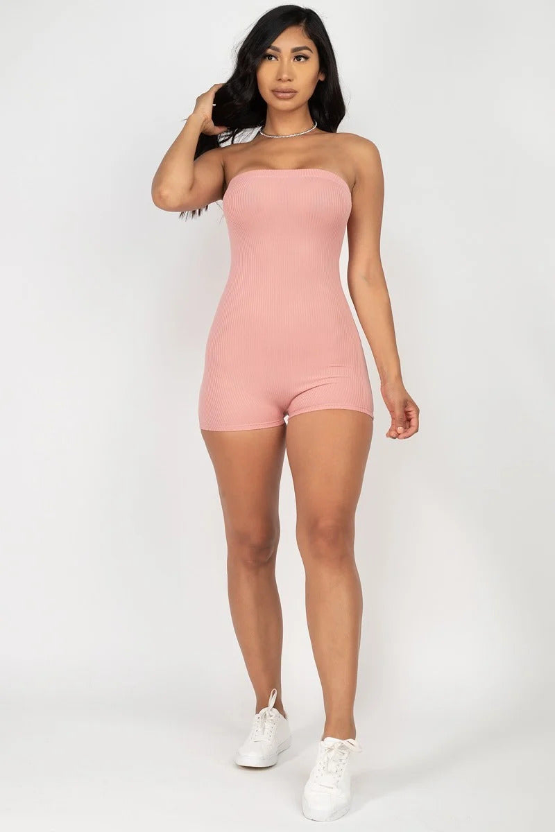 Ribbed Knit Strapless Solid Fitted Tube Romper in Mauve