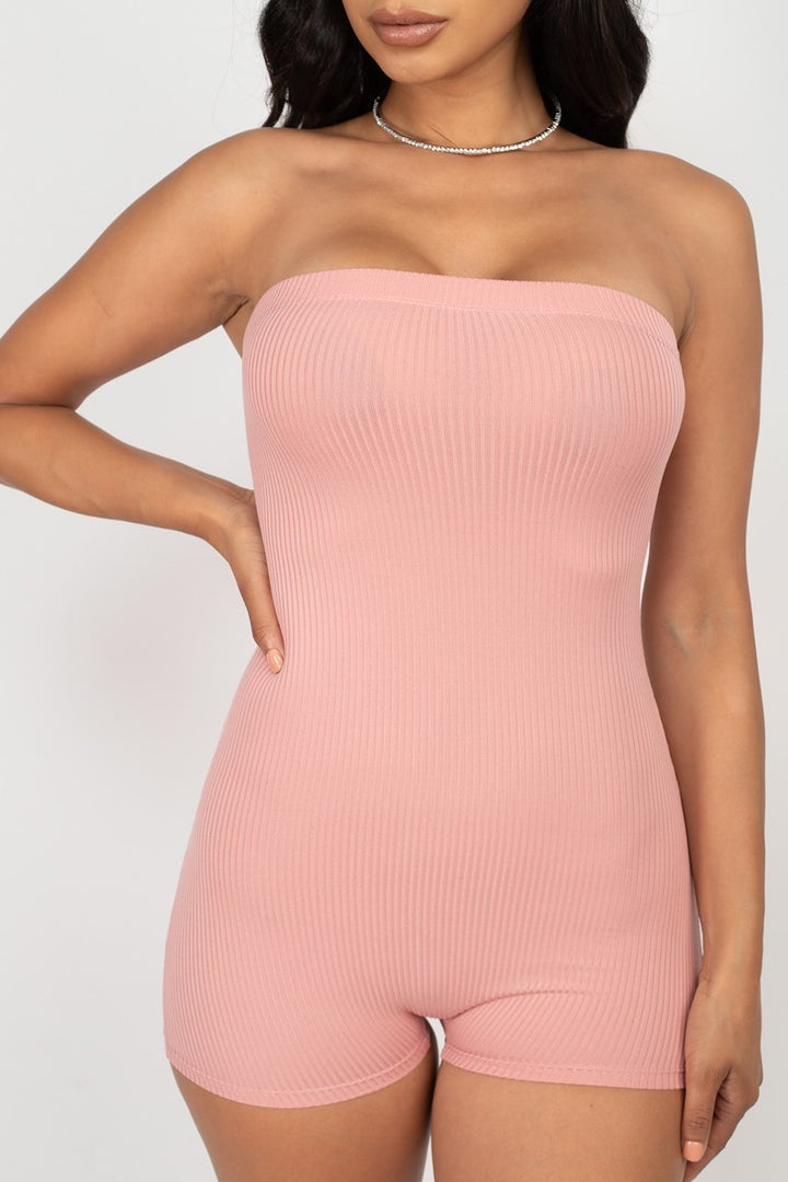 Ribbed Knit Strapless Solid Fitted Tube Romper in Mauve