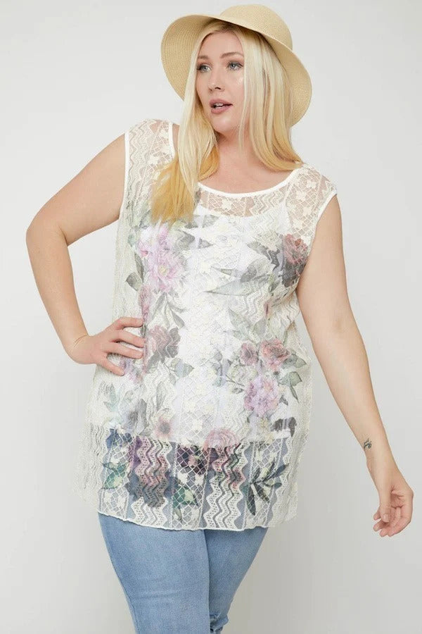 Lace, Sleeveless Tunic Top Purple Floral
