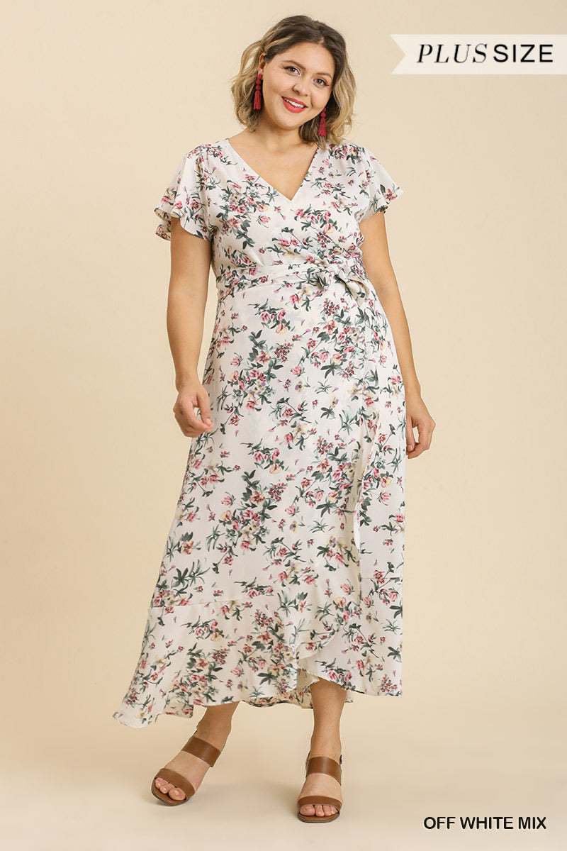 Floral Print Wrapped Short Ruffle Sleeve Maxi Dress