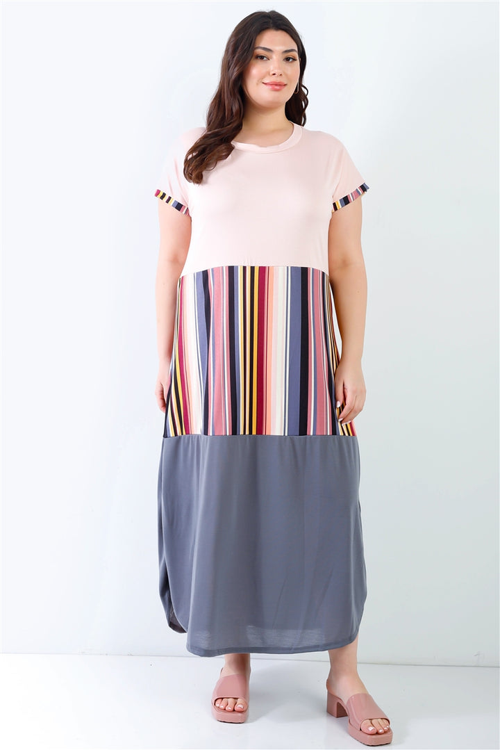 Plus Pink Print Colorblock Maxi Dress in Pink Stripe