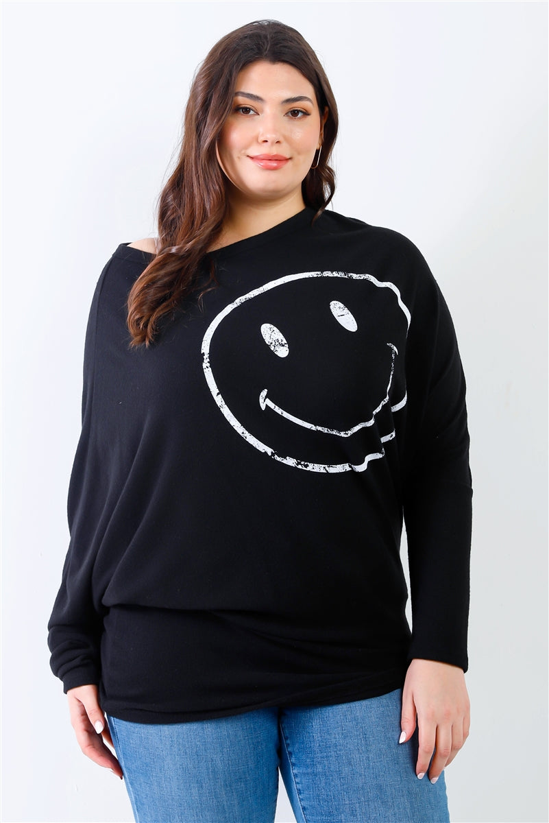 Plus Smile Front Print Flannel Dolman Sleeve Top in Black