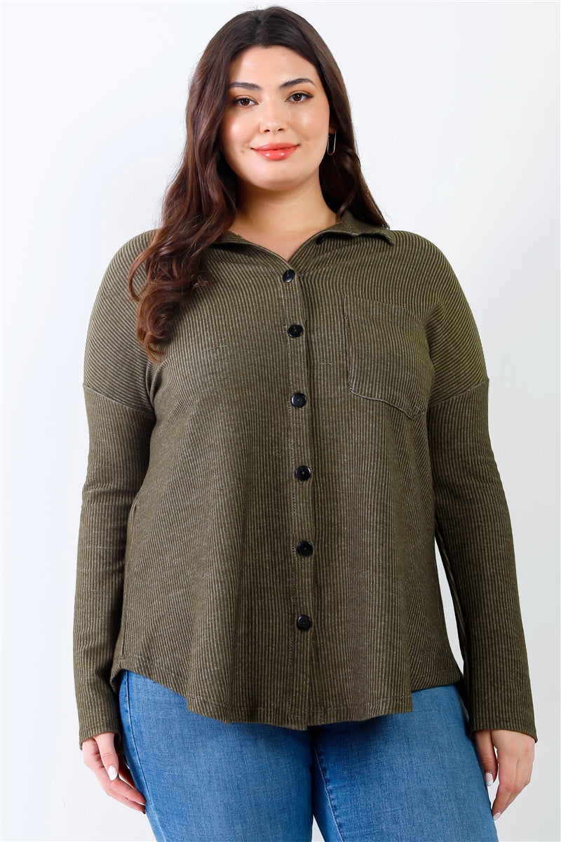 Plus Ribbed Collared Button Up Shirt Top in Olive