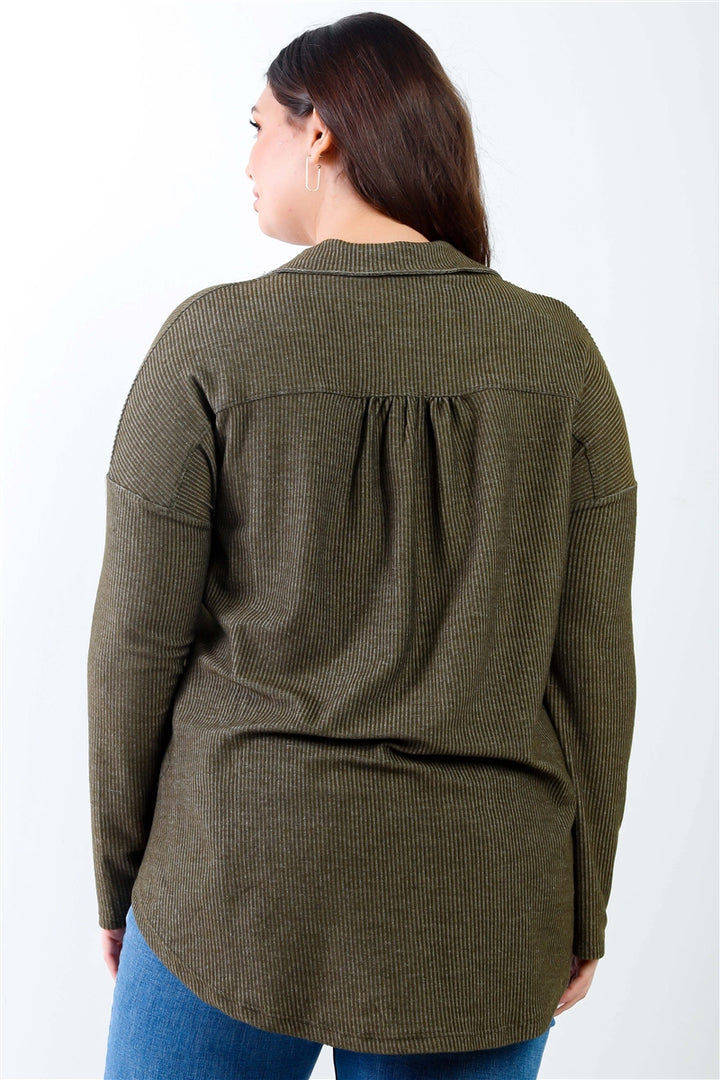 Plus Ribbed Collared Button Up Shirt Top in Olive