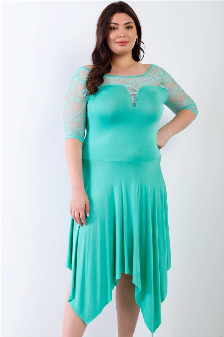 Plus Lace Details Handkerchief Hem Midi Dress in Mint