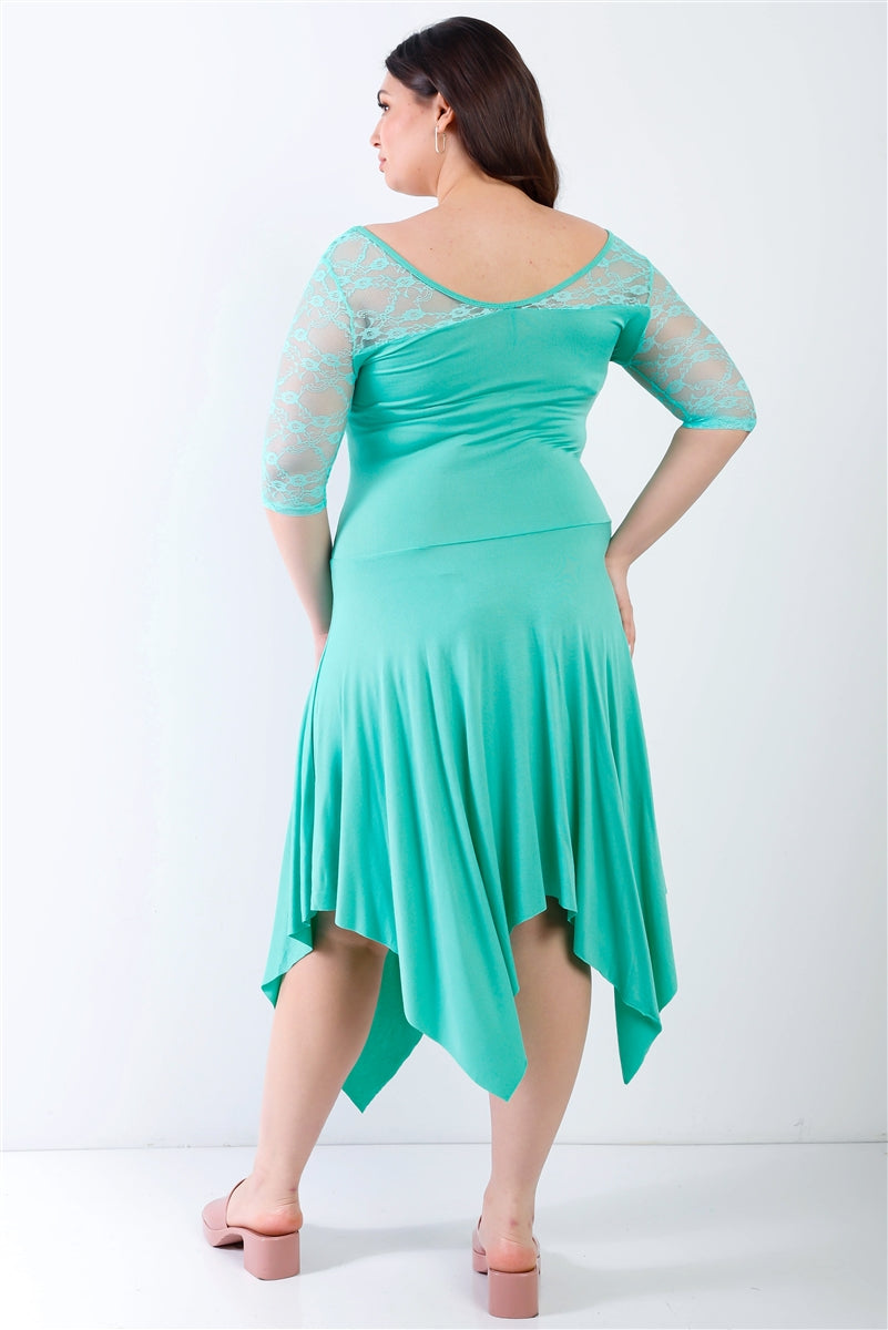 Plus Lace Details Handkerchief Hem Midi Dress in Mint
