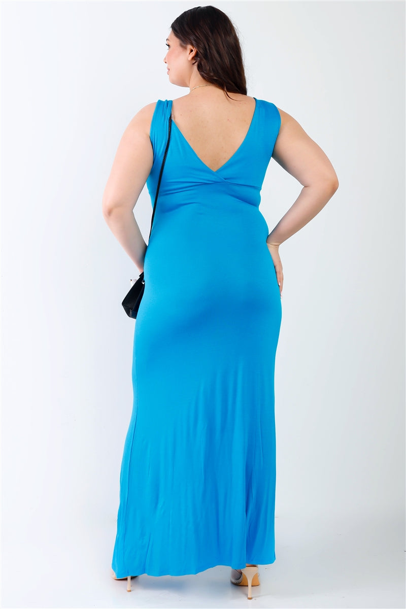 Plus V-neck Sleeveless Maxi Dress in Blue