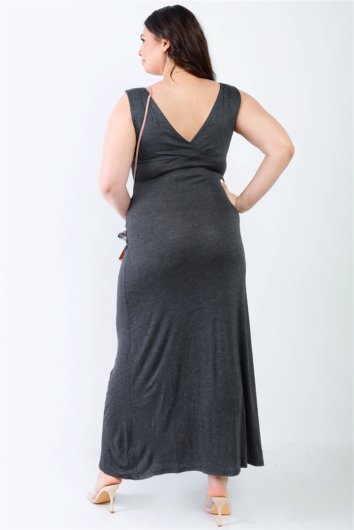 Plus V-neck Sleeveless Maxi Dress in Charcoal