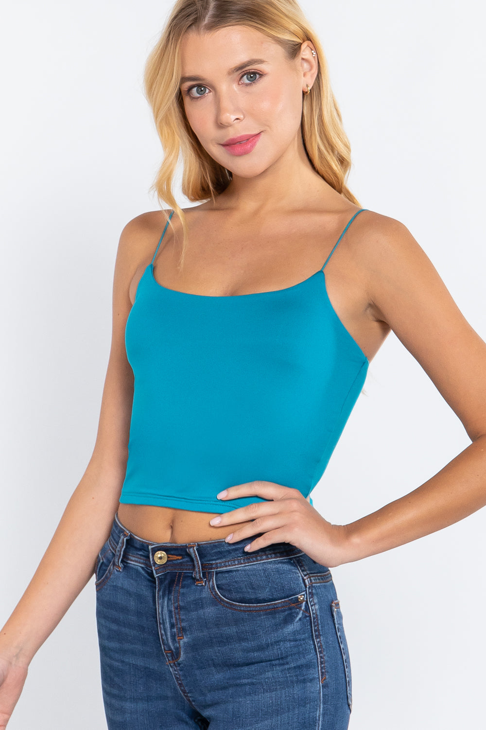 Elastic Strap Two Ply Dty Brushed Knit Cami Top in Turquoise