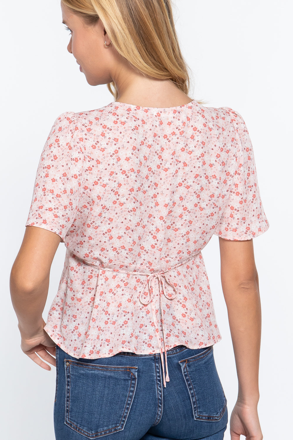Ruffle Sleeve with Back Tie Print Woven Top in Blush