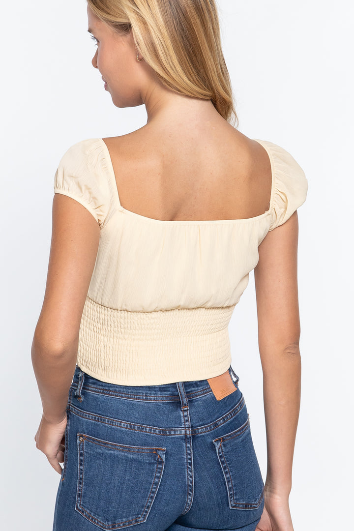 Short Sleeve Front Tie Ruched Detail Woven Top in Butter