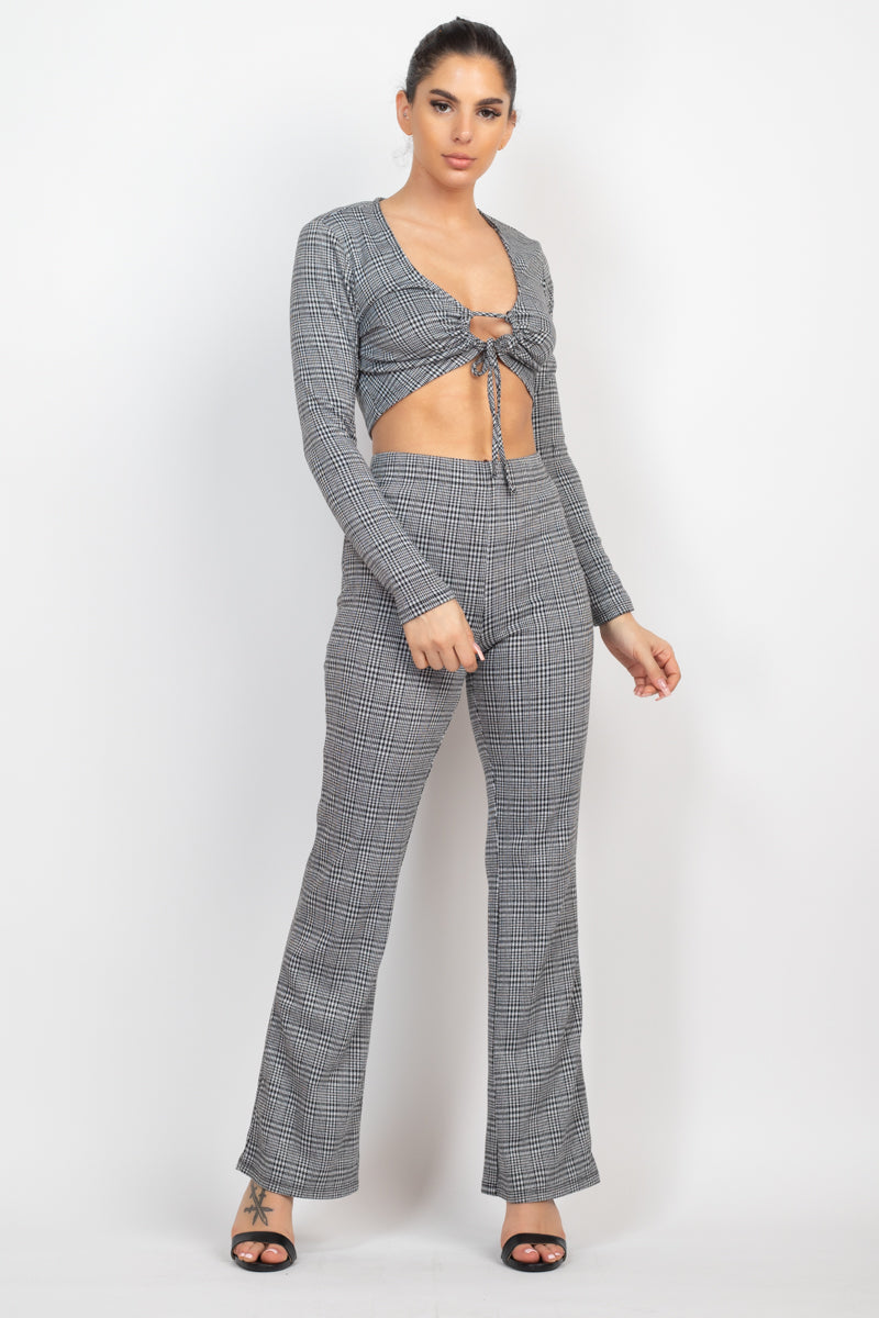 Plaid Cut-out Long Sleeve Top & Pants Set in Black/White