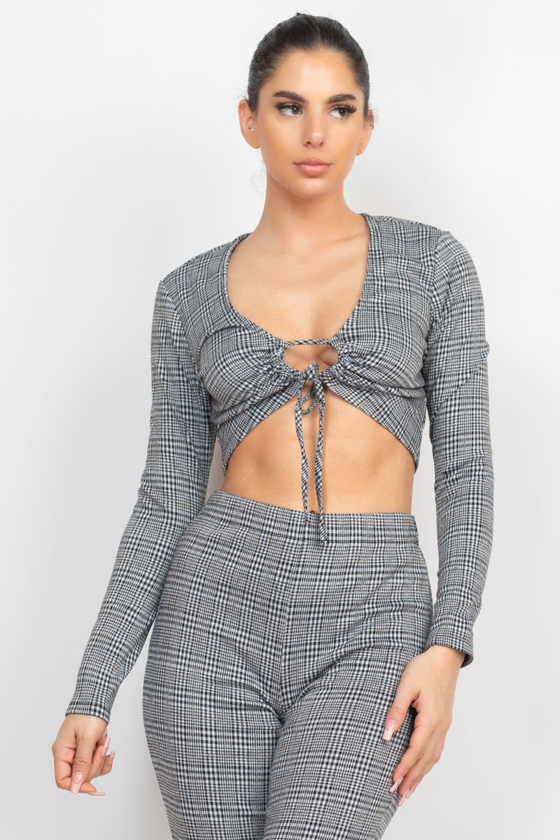 Plaid Cut-out Long Sleeve Top & Pants Set in Black/White