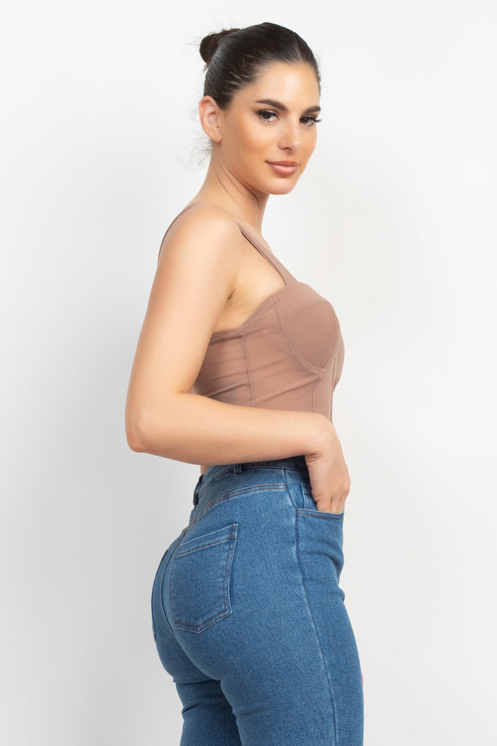 Contrasting Mesh Padded Tank Top in Mocha