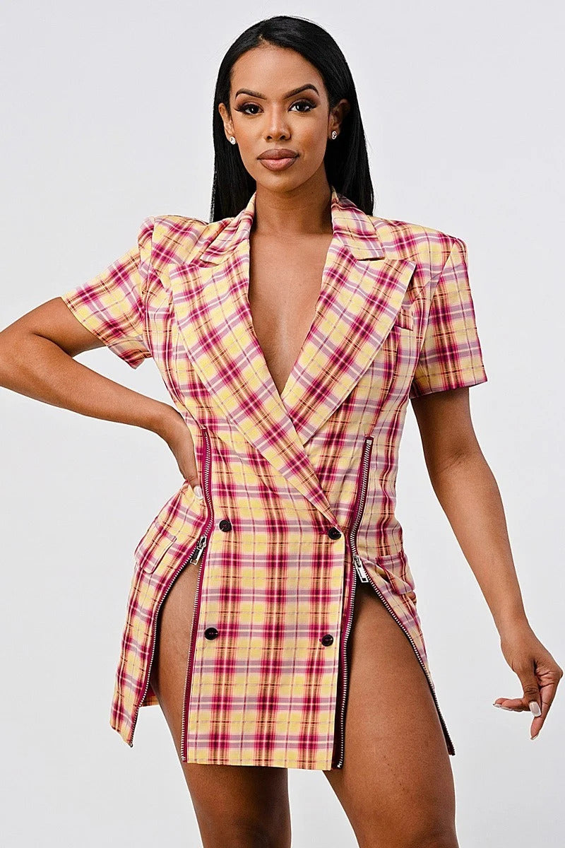 Wide Collared Double Breasted Plaid Blazer Mini Dress in Pink