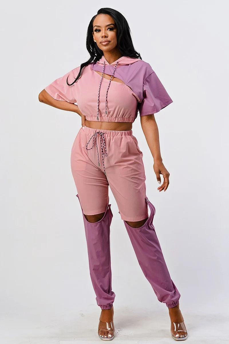 Pants Set In Color Block With Hoodie And Detachable Bottom Part Mauve