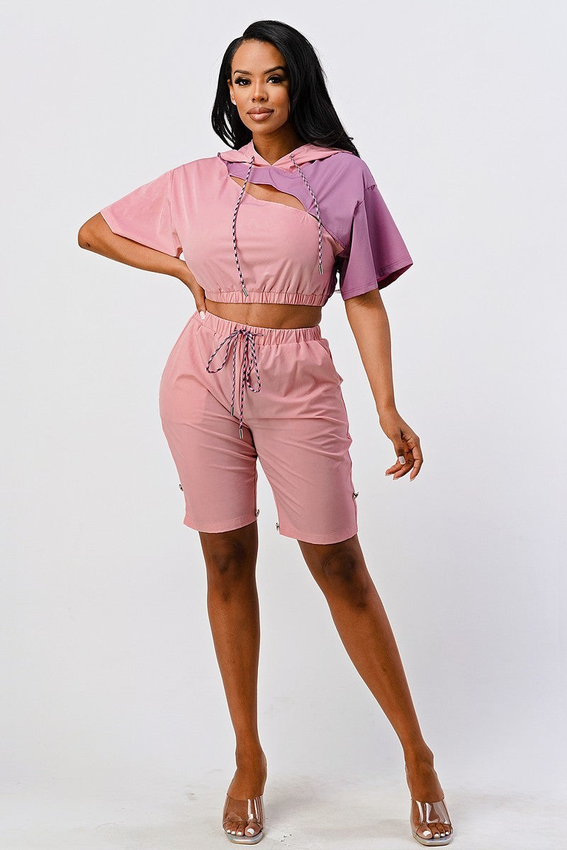 Pants Set In Color Block With Hoodie And Detachable Bottom Part Mauve