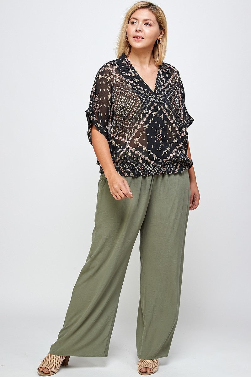 Solid Full Length Wide Leg Palazzo Pants in Olive