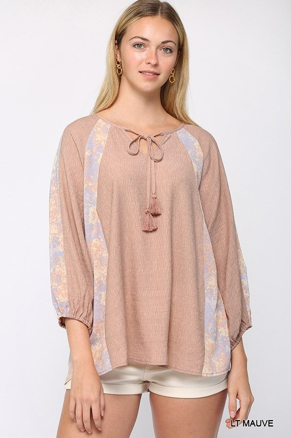 Solid Crinkle And Print Mix Raglan Sleeve Top With Tassel Tie Light in Mauve