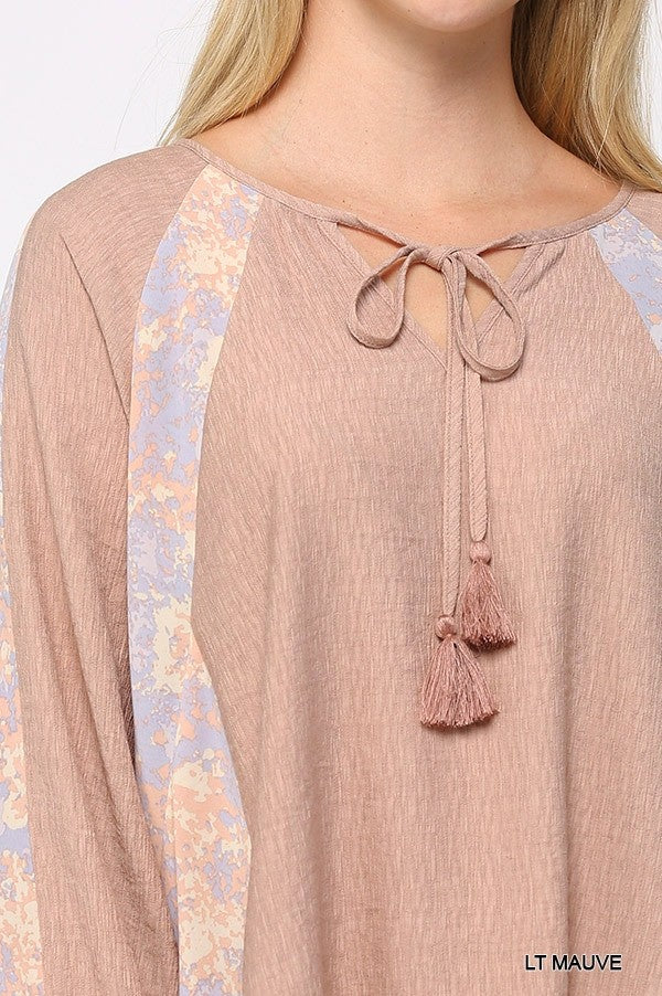 Solid Crinkle And Print Mix Raglan Sleeve Top With Tassel Tie Light in Mauve