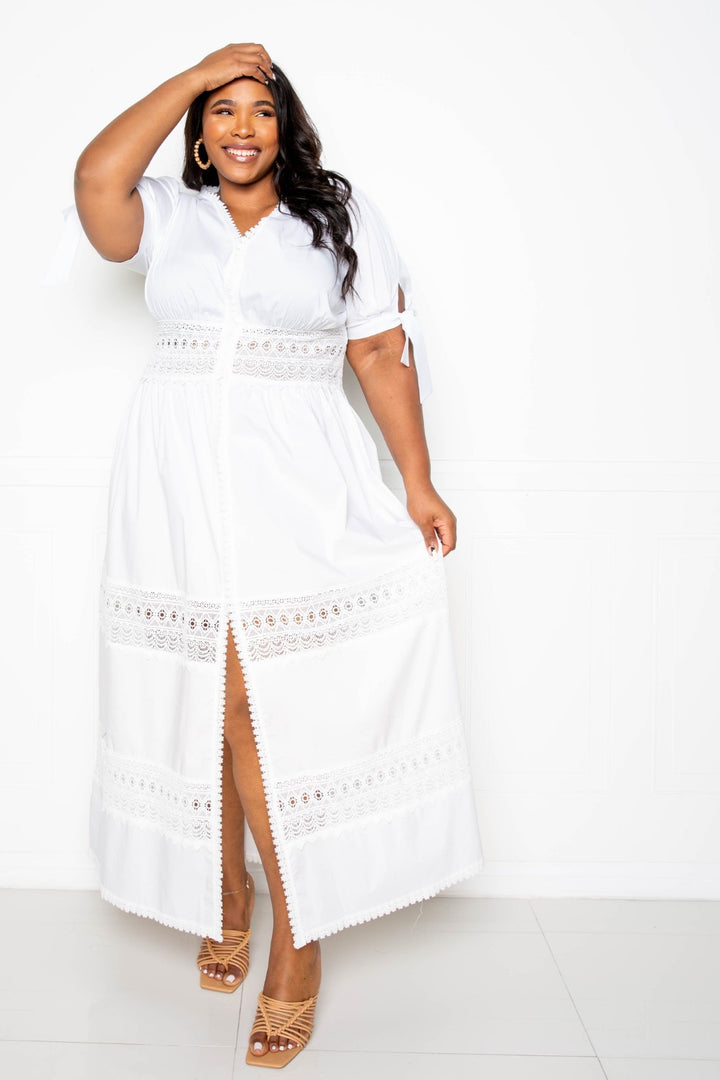 Puff Sleeve Maxi Dress With Lace Insert in White