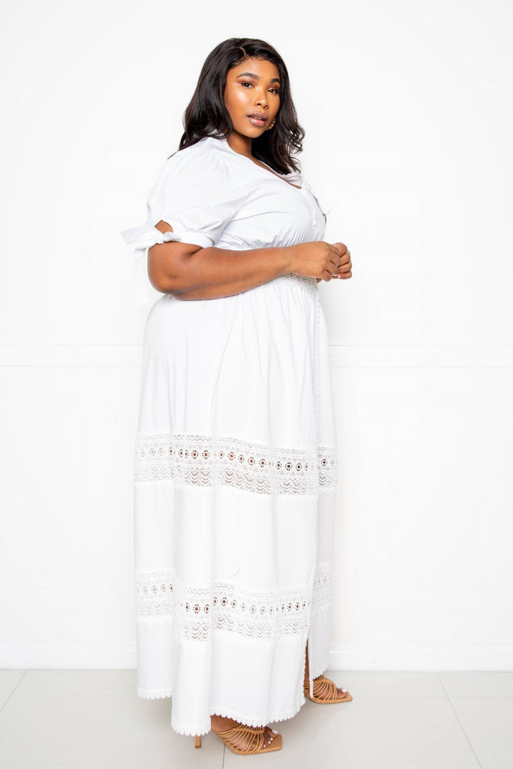 Puff Sleeve Maxi Dress With Lace Insert in White
