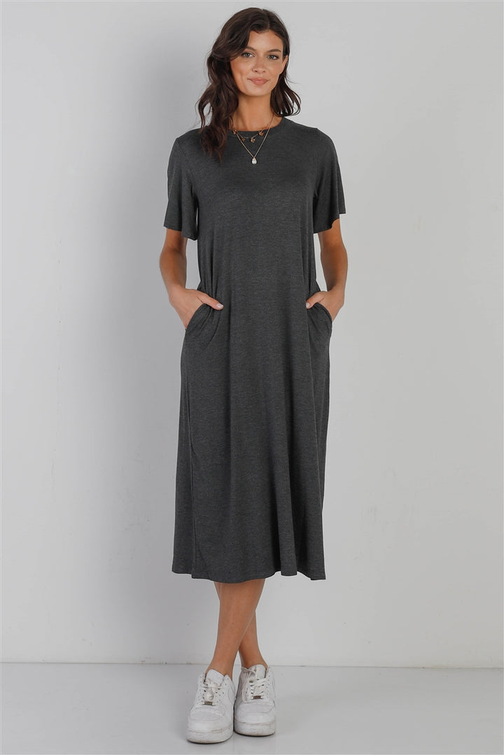 Short Sleeve Midi Dress in Charcoal
