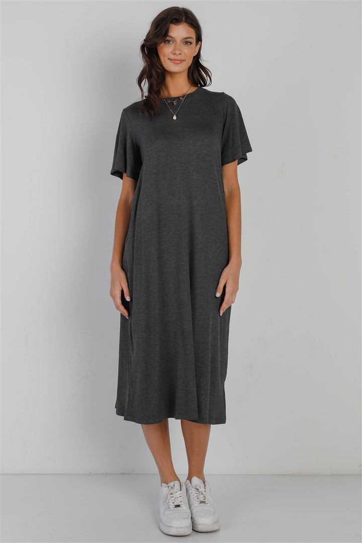 Short Sleeve Midi Dress in Charcoal