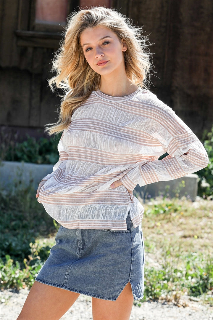 Crochet Stripe Long Sleeve Semi-sheer Top in Tan