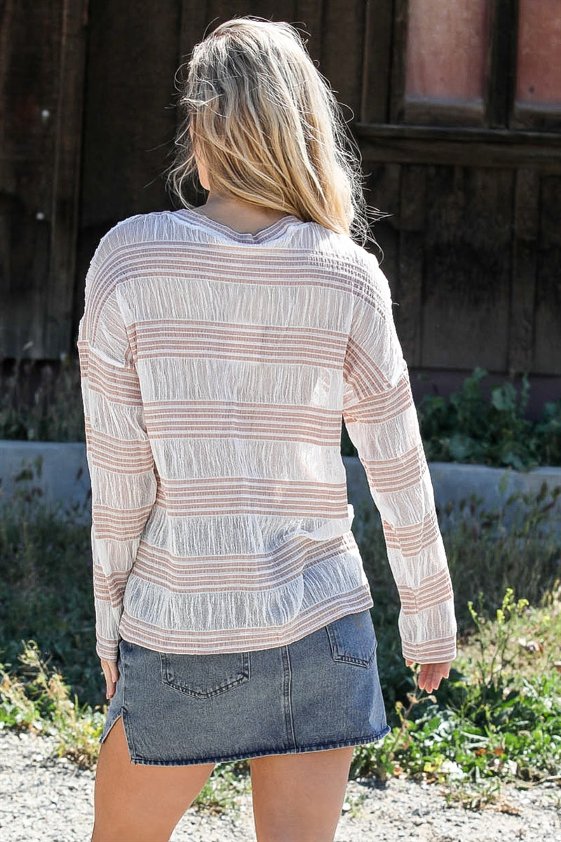 Crochet Stripe Long Sleeve Semi-sheer Top in Tan