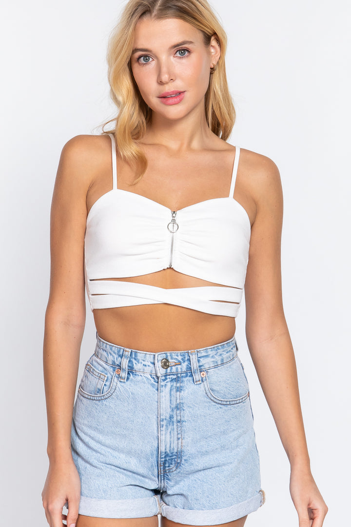 Zippered Cross Rib Knit Crop Cami in Off White