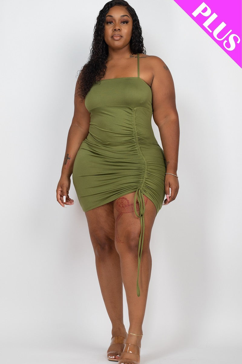 Plus Adjustable Ruched Detail Curvy Mini Dress in Olive