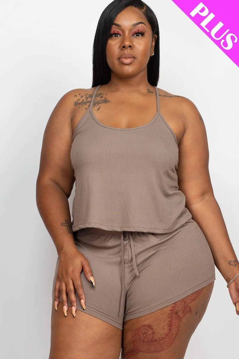 Plus Ribbed Strappy Top And Shorts Set in Taupe