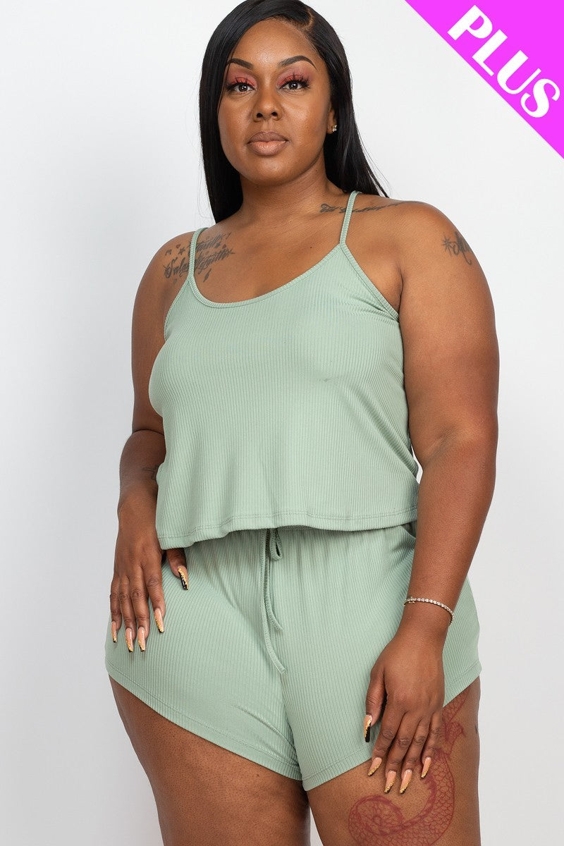 Plus Ribbed Strappy Top And Shorts Set in Green Bay